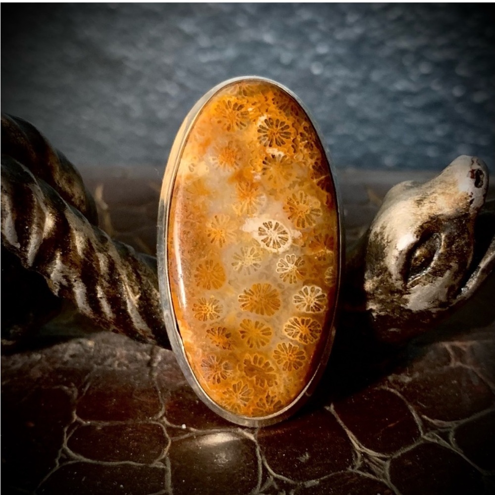 Huge Fossilized Coral Sterling Silver Ring Vintage 925 stamped Size 13.5